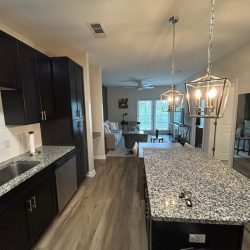 Modern kitchen with dark cabinets, granite counters, pendant lights, wood floors, and open to living/dining area.